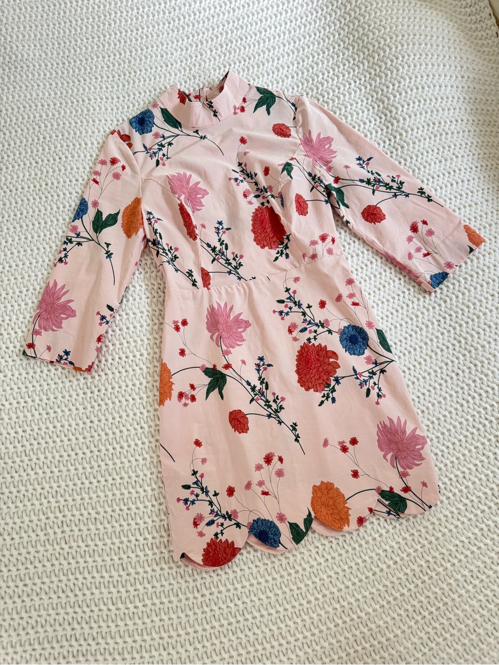 Maeve Anthropology Pink Floral Scallop-Hem with Multi-Color Blooms
